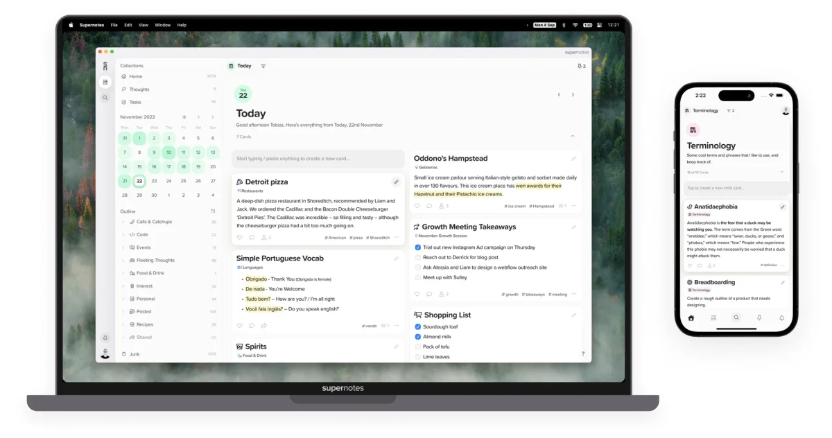 Supernotes workspace UI displaying notes, tasks, and a calendar in a clean, multi-device interface.