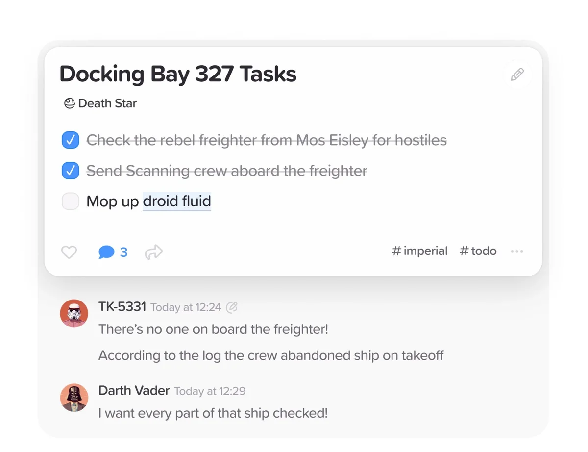 Supernotes workspace UI showing Star Wars themed tasks and comments for Docking Bay 327 with a clean, light interface.