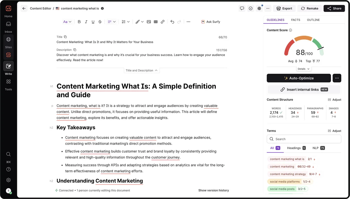 Surfer content editor UI showing real-time content optimization and SEO scoring with a clean, professional interface.