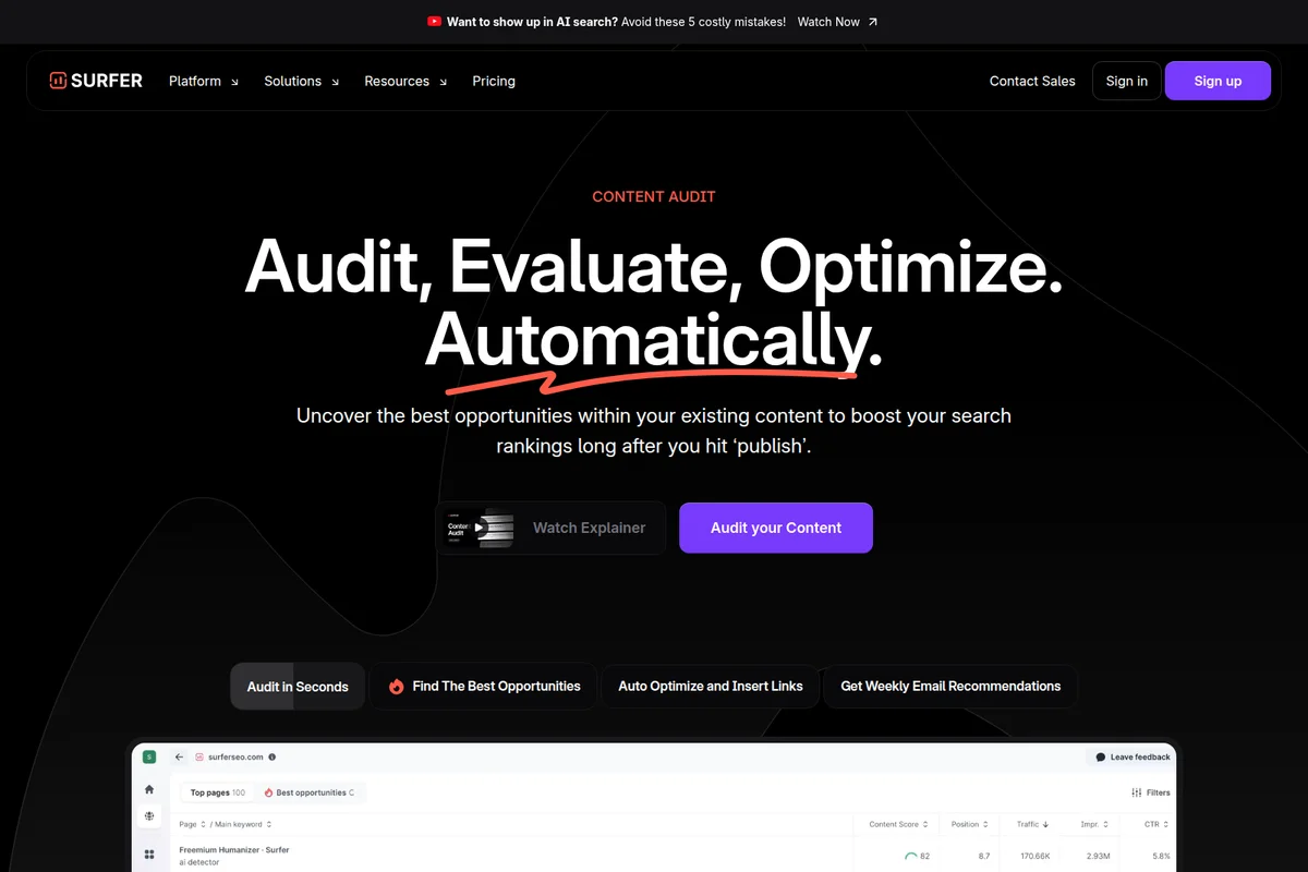 Surfer Content Audit feature deep dive showing opportunities and metrics for content optimization in a modern dark-mode interface.