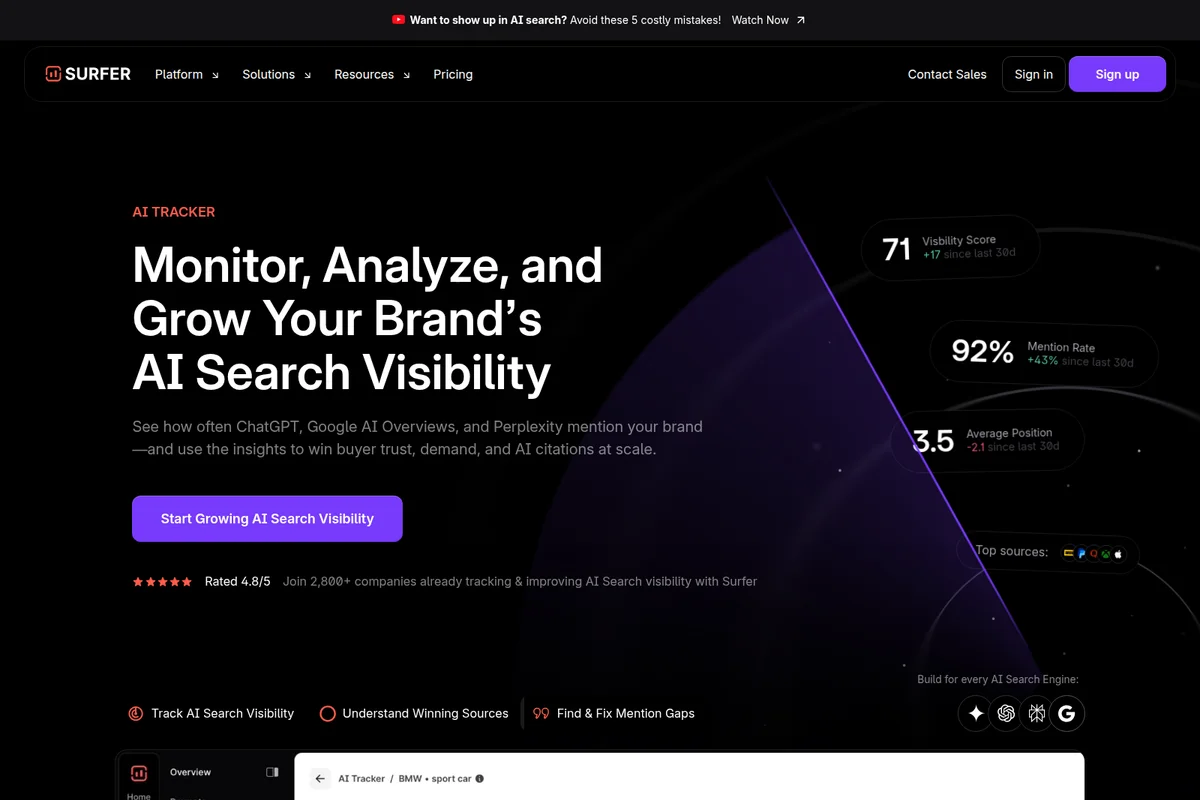 Surfer AI tracker landing page showcasing AI search visibility metrics and brand monitoring in a dark-mode, futuristic interface.