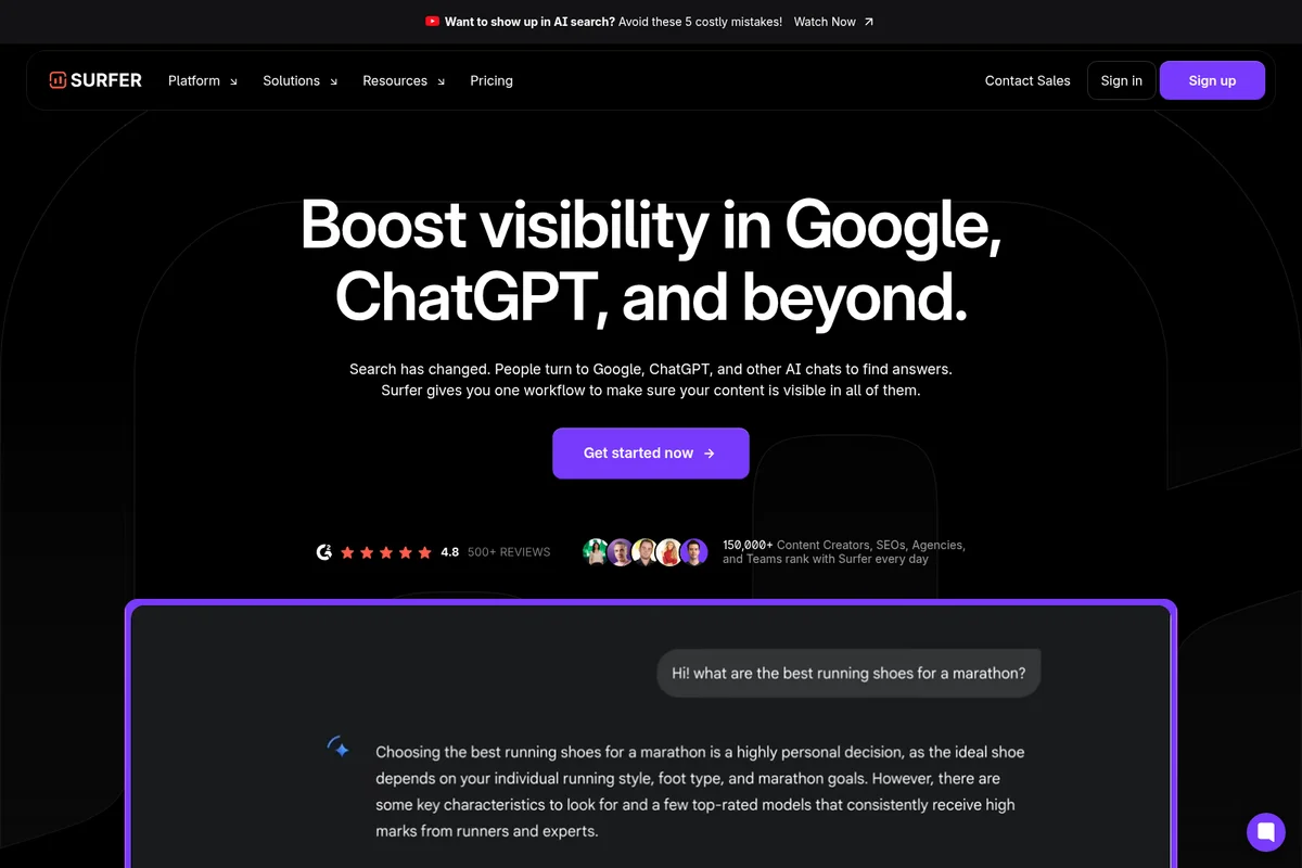 Surfer homepage hero demonstrating content optimization results for Google and ChatGPT within a dark-mode chat UI.