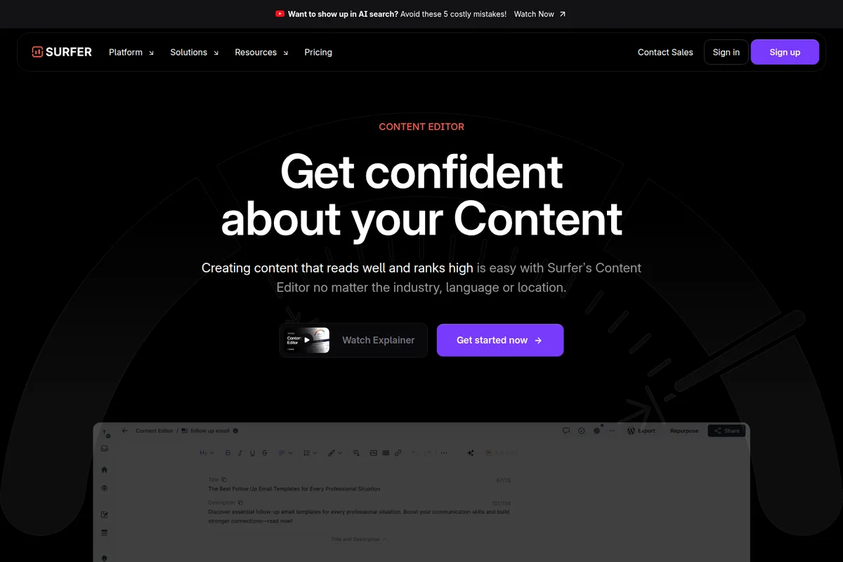 Surfer Content Editor UI showing content optimization for follow-up email templates in a modern dark-mode interface.