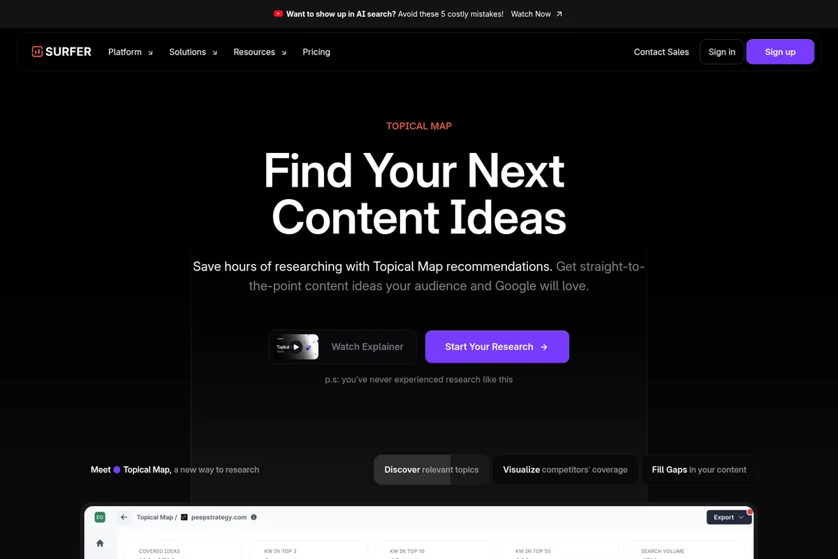 Surfer SEO Topical Map workspace showing content idea generation and research options in a dark-mode interface.