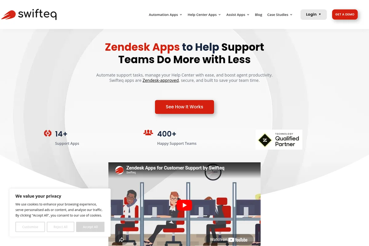 Swifteq homepage promoting Zendesk apps for support teams with key statistics and an explainer video.