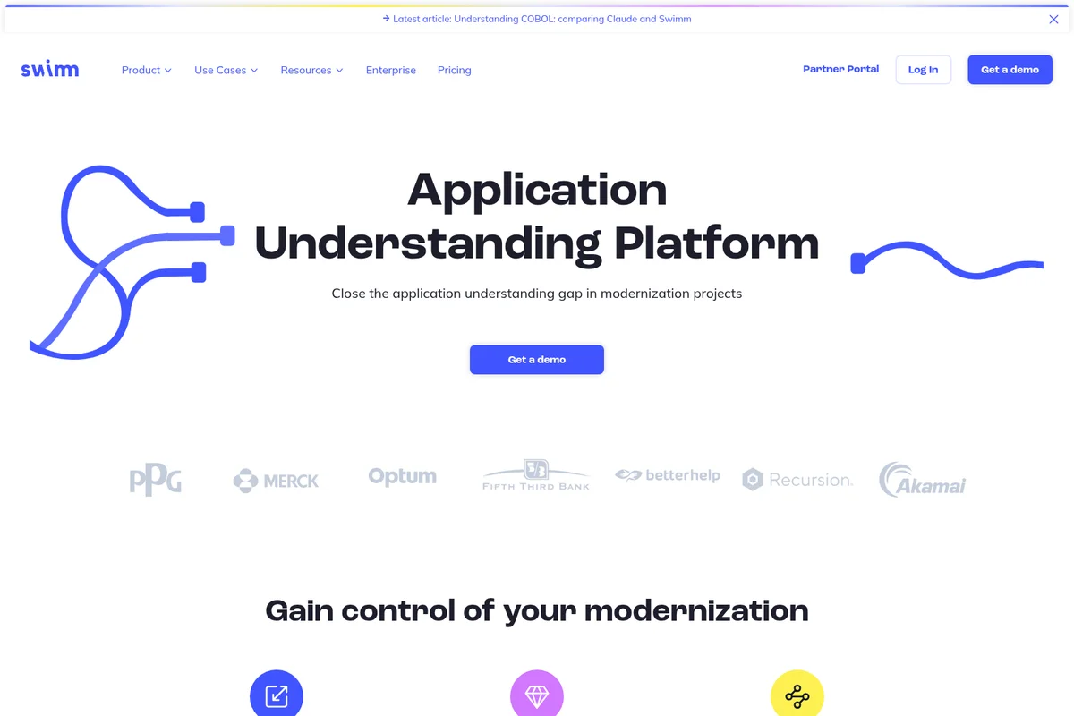 Swimm landing page hero showcasing 'Application Understanding Platform' with abstract blue data flow graphics and prominent client logos.