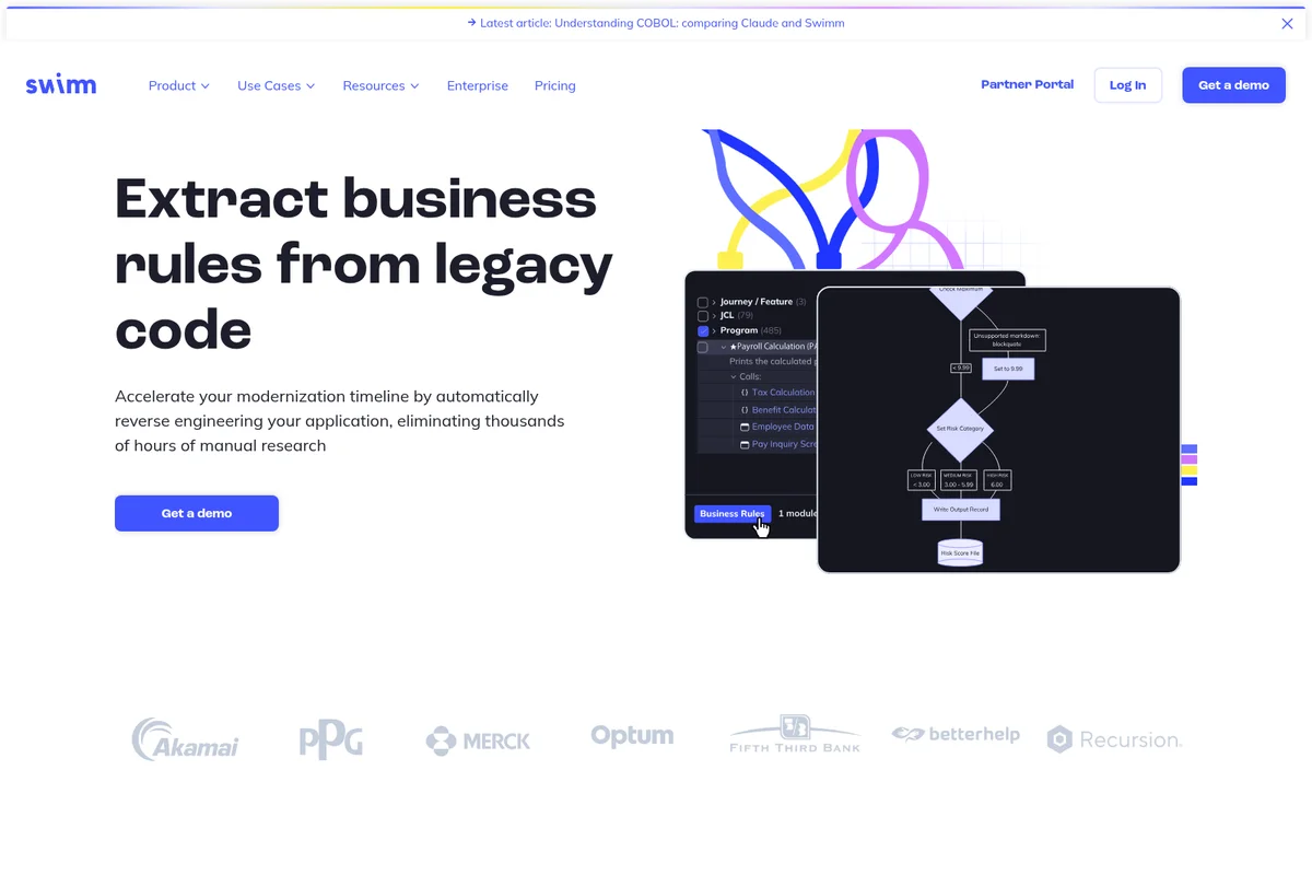 Swimm homepage showcasing legacy code analysis and business rule extraction with dark-mode UI and flowchart visualization.