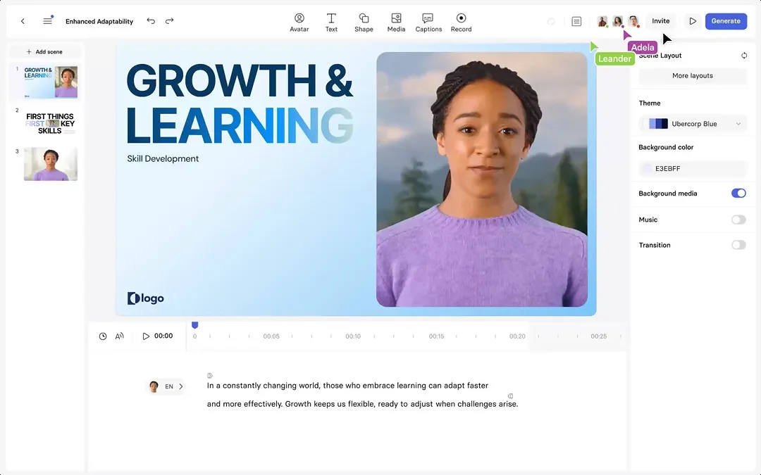Synthesia workspace showing an AI avatar creating a video about 'Growth & Learning' with a script editor and timeline.