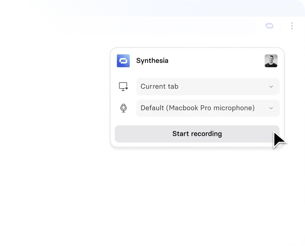 Synthesia browser extension pop-up demonstrating screen recording configuration, showing options for 'Current tab' and 'Macbook Pro microphone' with a clean, modern UI.