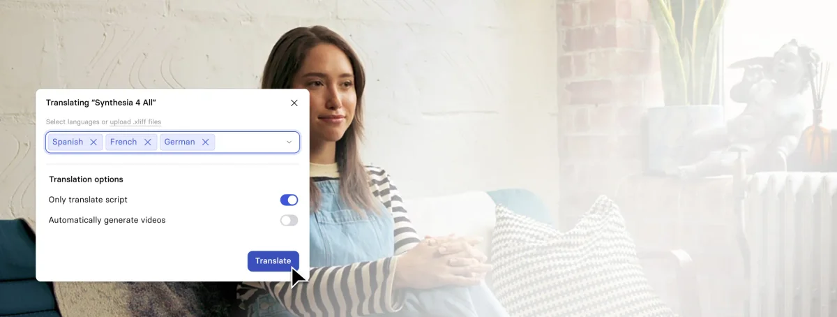 Synthesia translation dialog showing selected languages Spanish, French, German, with script and video generation options in a clean light UI.