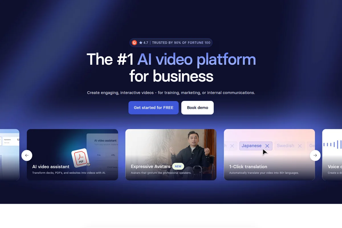 Synthesia features page displaying AI video assistant, expressive avatars, and 1-click translation with a modern dark UI.