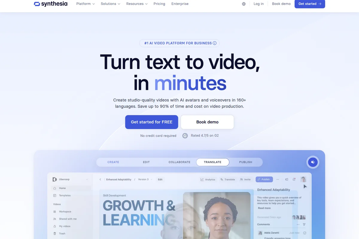 Synthesia AI video platform showing text-to-video generation with customizable AI avatars, voiceovers, and translation features.
