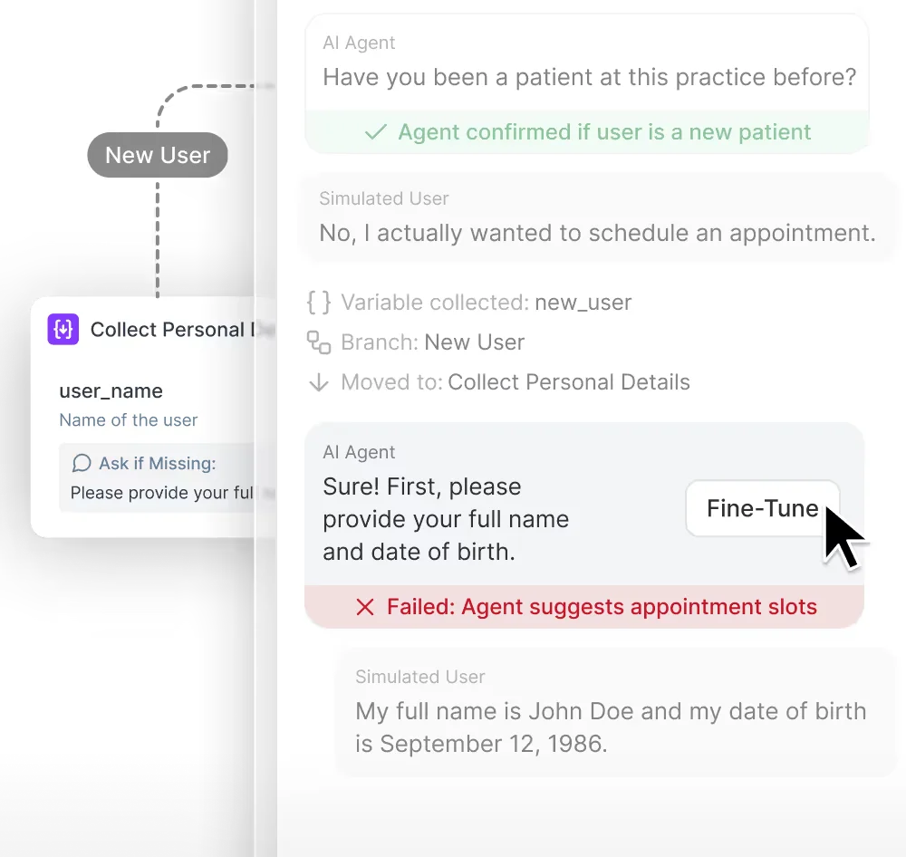Synthflow workspace showing AI conversation flow branches and debugging of agent responses with a modern dark-mode UI.