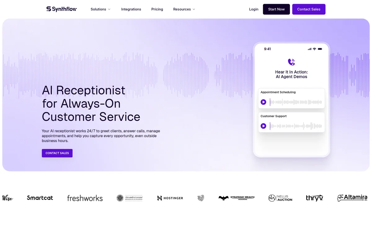 Synthflow landing page hero showing an AI Receptionist for customer service, with a phone mockup demonstrating interactive AI agent demos.