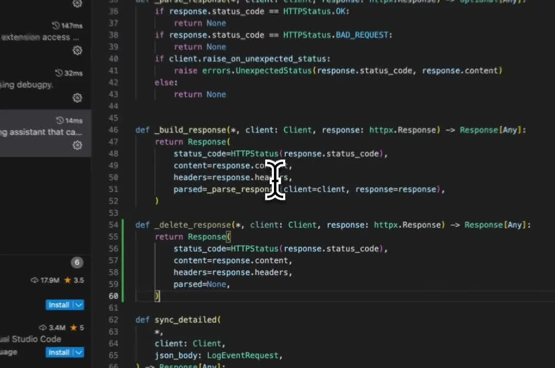 Tabby code editor workspace showing Python code editing with AI assistant performance metrics in a dark-mode interface.