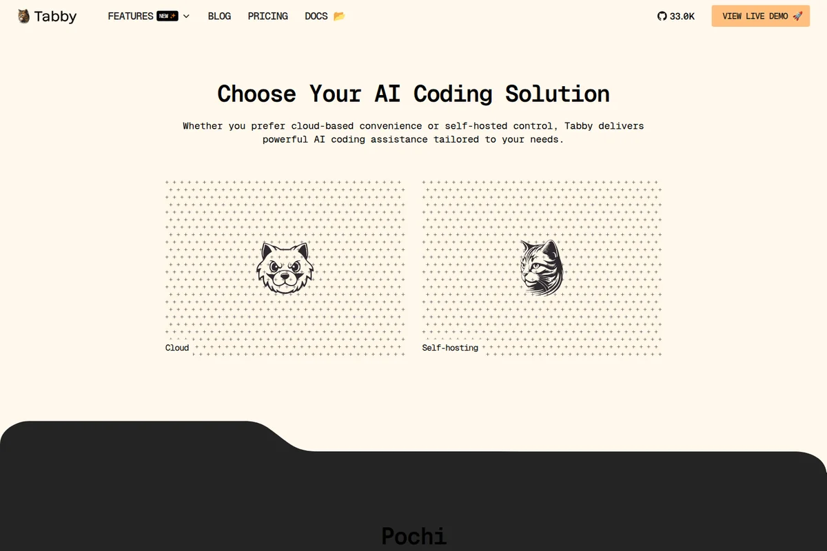 Tabby feature page showing choices for cloud and self-hosting AI coding solutions with distinct cat illustrations