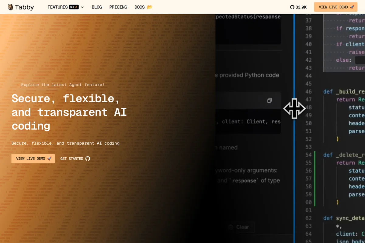 Tabby homepage hero showing secure, flexible, and transparent AI coding with a split-screen dark-mode code editor interface.