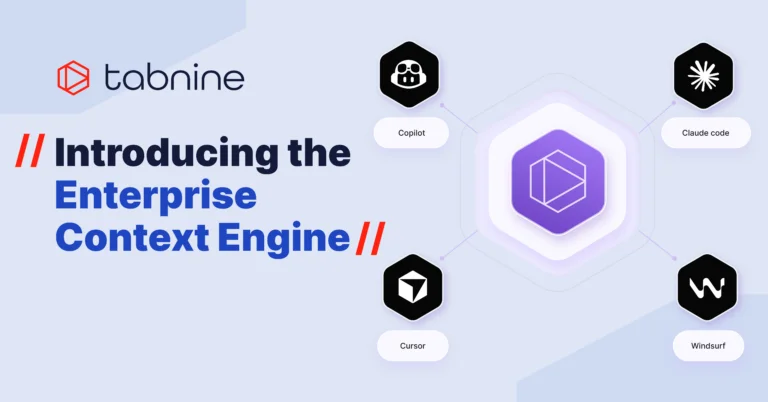 Tabnine diagram illustrating the Enterprise Context Engine's integration with AI code tools like Copilot, Claude code, Cursor, and Windsurf.