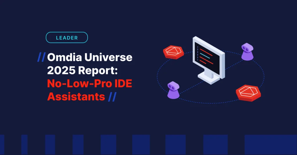 Tabnine marketing graphic for the Omdia Universe 2025 Report, featuring an illustration of a computer displaying code and connected icons in a dark theme.