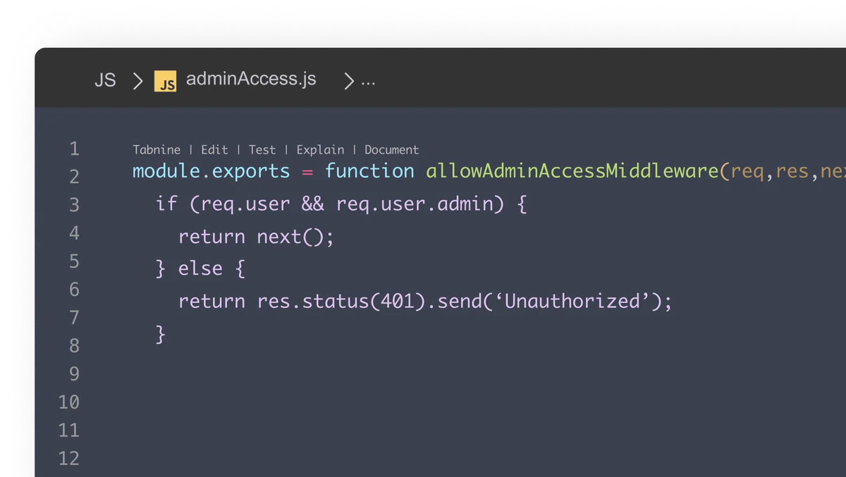 Tabnine code editor showing an admin access middleware function in a dark-mode, syntax-highlighted interface.