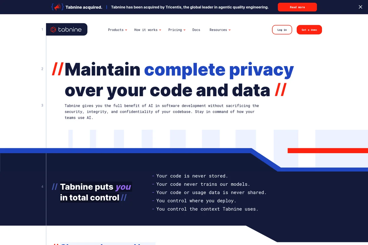 Tabnine feature deep-dive page showing AI code privacy benefits with a modern clean interface.