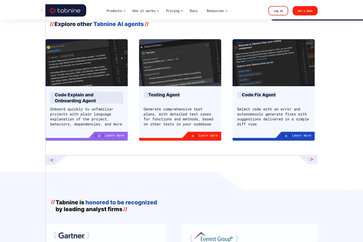 Tabnine AI code assistant showcasing three distinct agents: Code Explain, Testing, and Code Fix, with dark-mode coding interfaces.