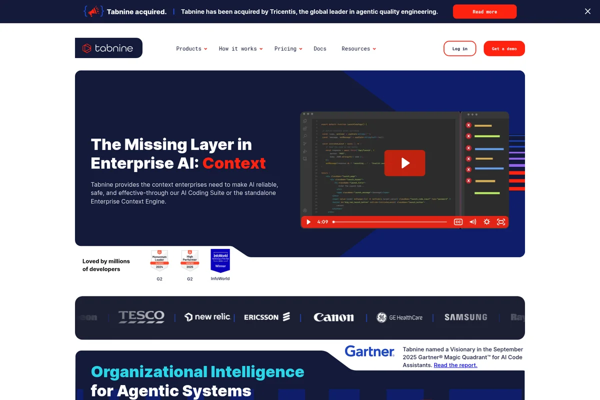 Tabnine landing-hero section showing an embedded video demonstrating AI code assistance in a dark-themed editor.