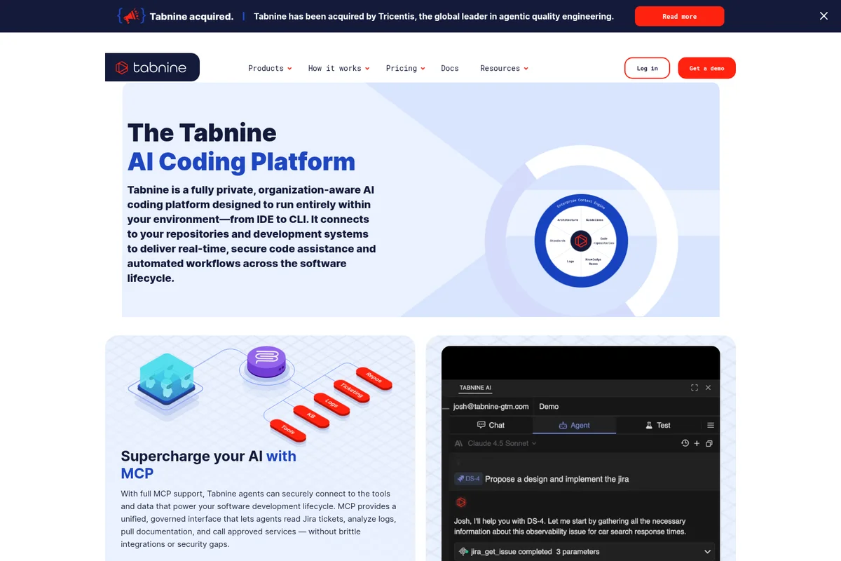 Tabnine AI Coding Platform workspace showing an AI agent providing code assistance and automating workflows in a modern, clean interface.