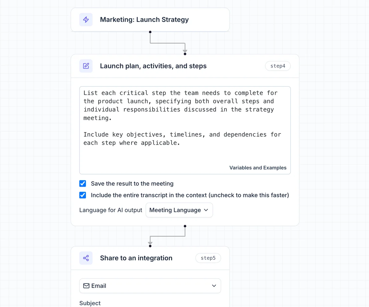 Tactiq workflow builder UI showing steps for a product launch plan and email integration setup.