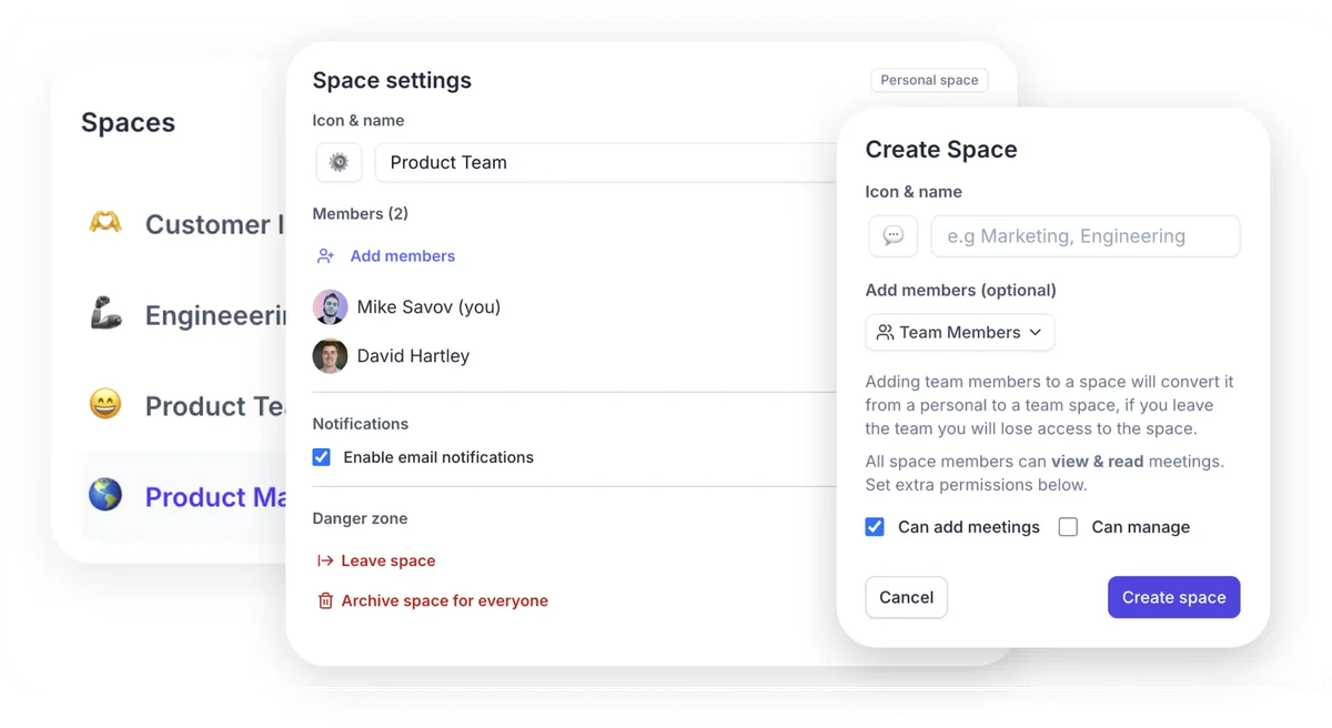 Tactiq space management UI showing settings for 'Product Team' with members and a modal to create a new space, featuring a clean, modern interface.