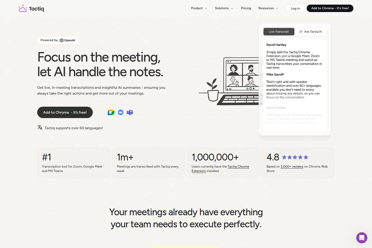 Tactiq homepage showcasing live meeting transcriptions and AI summaries with a modern light-theme interface.