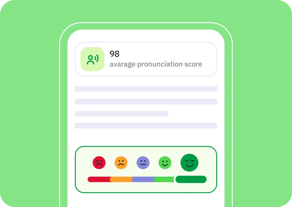 Talkpal pronunciation score screen showing an avarage pronunciation score of 98 with emotional feedback emojis and a progress bar in a clean light interface.
