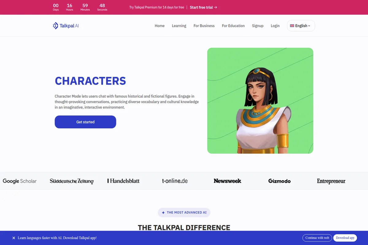 Talkpal Characters page introducing AI Character Mode with a vibrant illustration of an ancient Egyptian figure and a 'Get started' button.