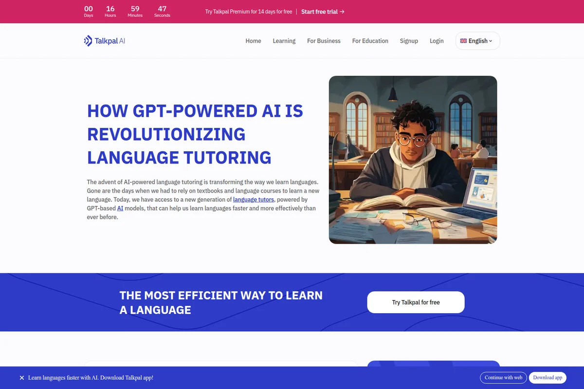 Talkpal AI landing page detailing how GPT-powered AI revolutionizes language tutoring, featuring a student studying at a desk with books and a laptop.
