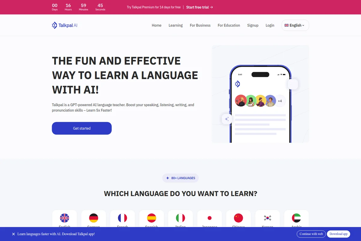 Talkpal AI homepage showing a mobile app mockup with AI chat conversations and language flags for learning in a clean, modern interface.