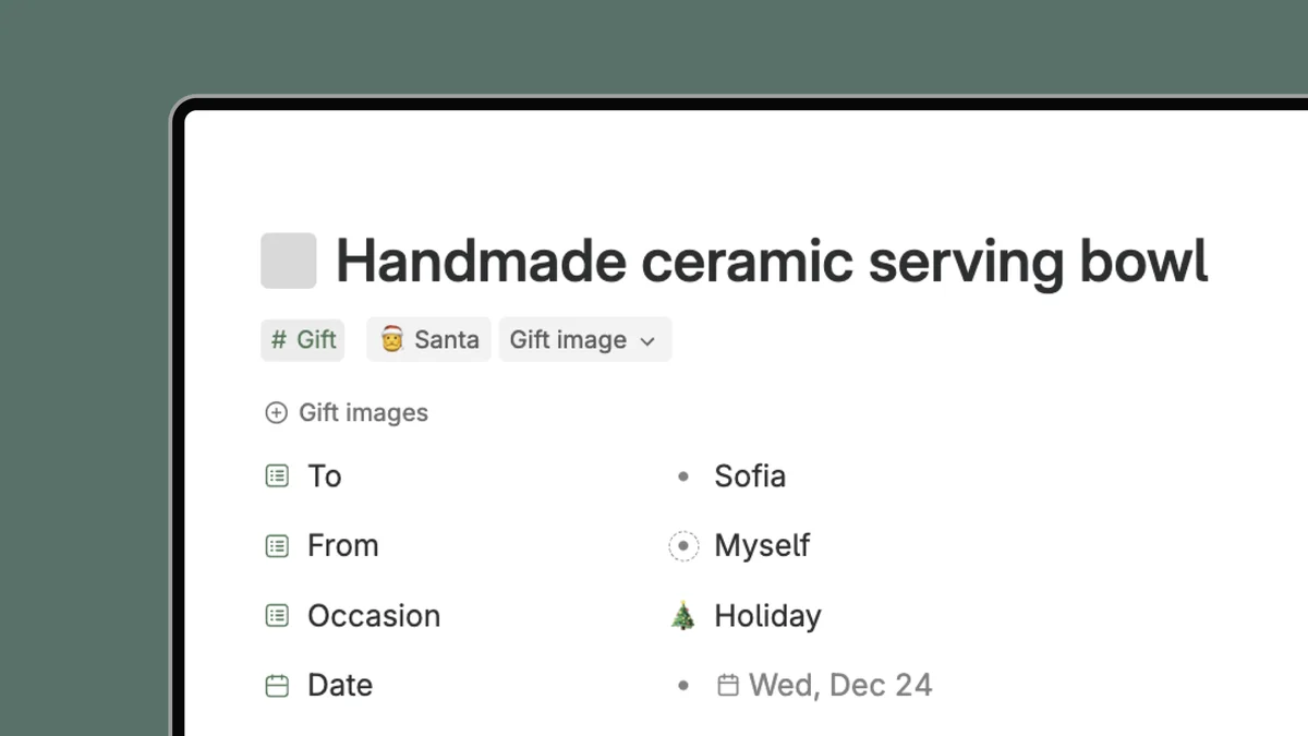 Tana workspace UI showing a gift item organized with structured data and tags in a clean light-theme interface.
