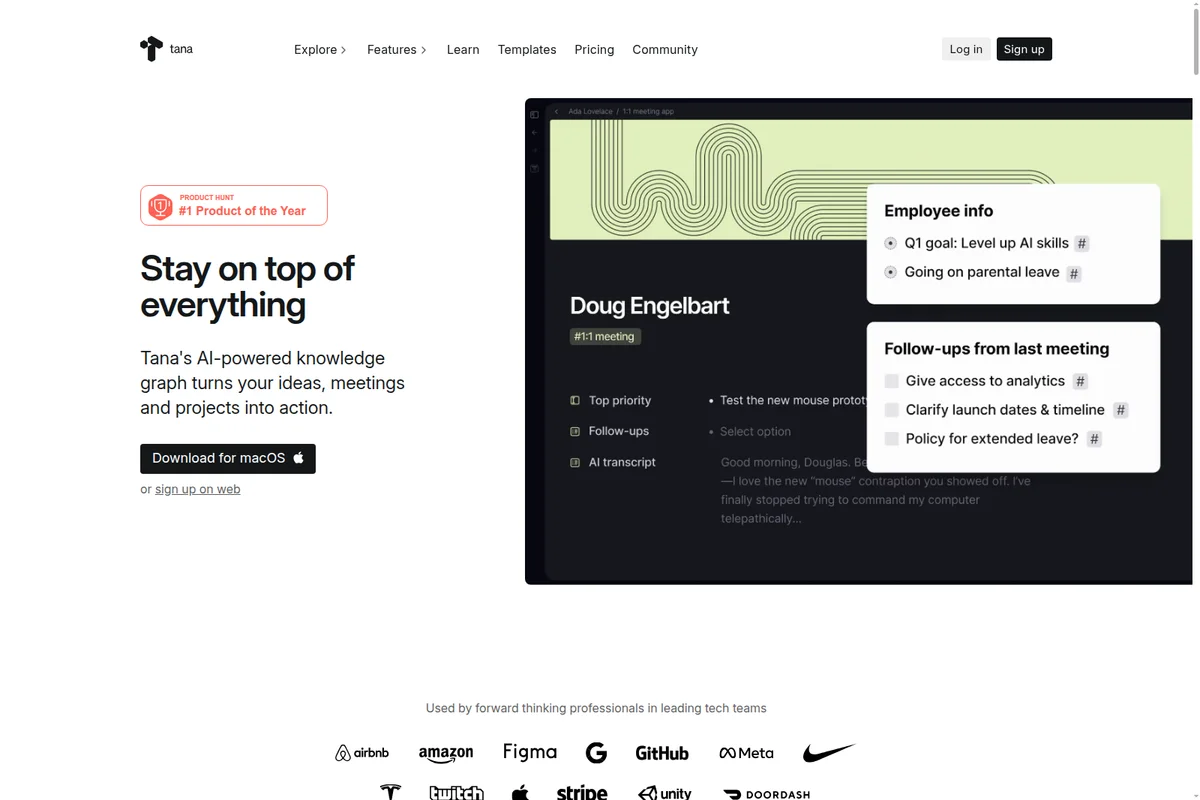 Tana workspace showing 1:1 meeting notes, employee info, and follow-ups in a dark-mode UI.