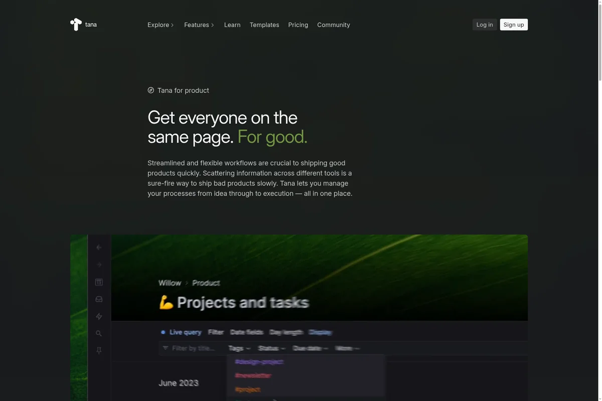 Tana workspace showing a 'Projects and tasks' view with filtering options and a dark-mode interface.