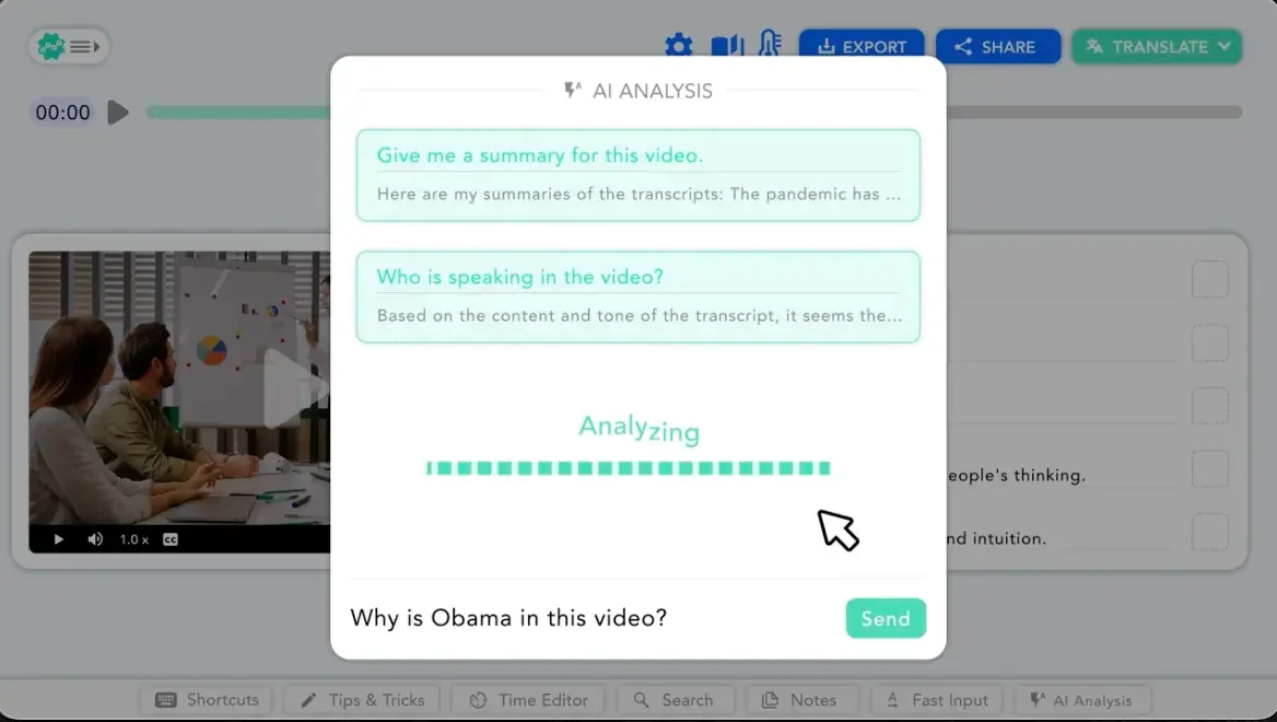 Taption AI analysis modal showing video summary and speaker identification, with a progress bar and a new query input in a clean light interface.