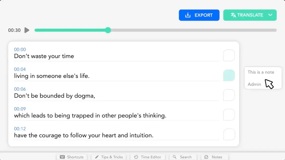 Taption transcript editor showing audio transcription and note-taking with a clean, modern interface.