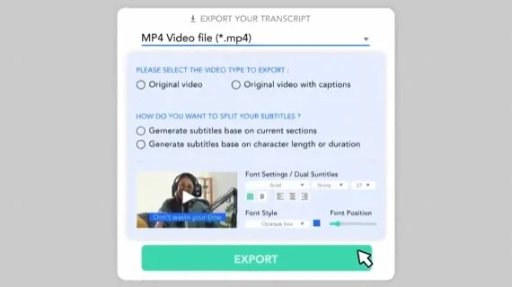 Taption export settings panel showing configuration for video export with captions, subtitle splitting, and font styles, including a live video preview, in a clean, modern interface.
