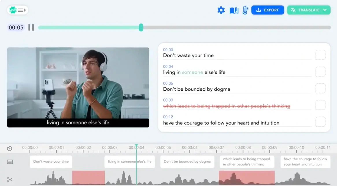 Taption workspace displaying a video editor, synchronized transcript, and audio timeline for subtitle editing in a clean interface.
