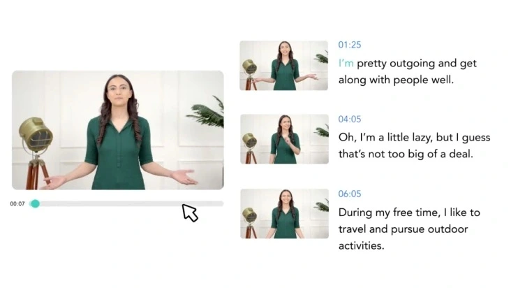 Taption workspace showing a video player with synchronized text transcript segments and visual thumbnails for quick navigation in a clean light theme.