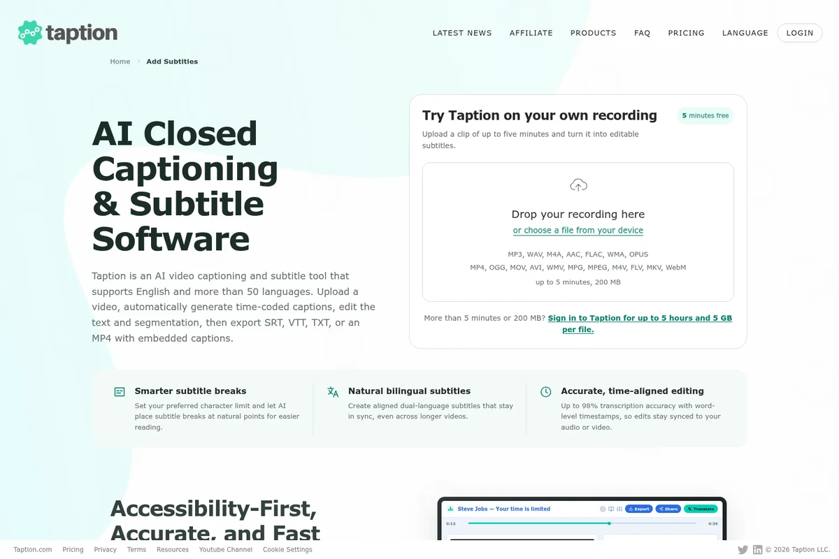 Taption product page showing an AI closed captioning and subtitle software overview with a clean light theme.