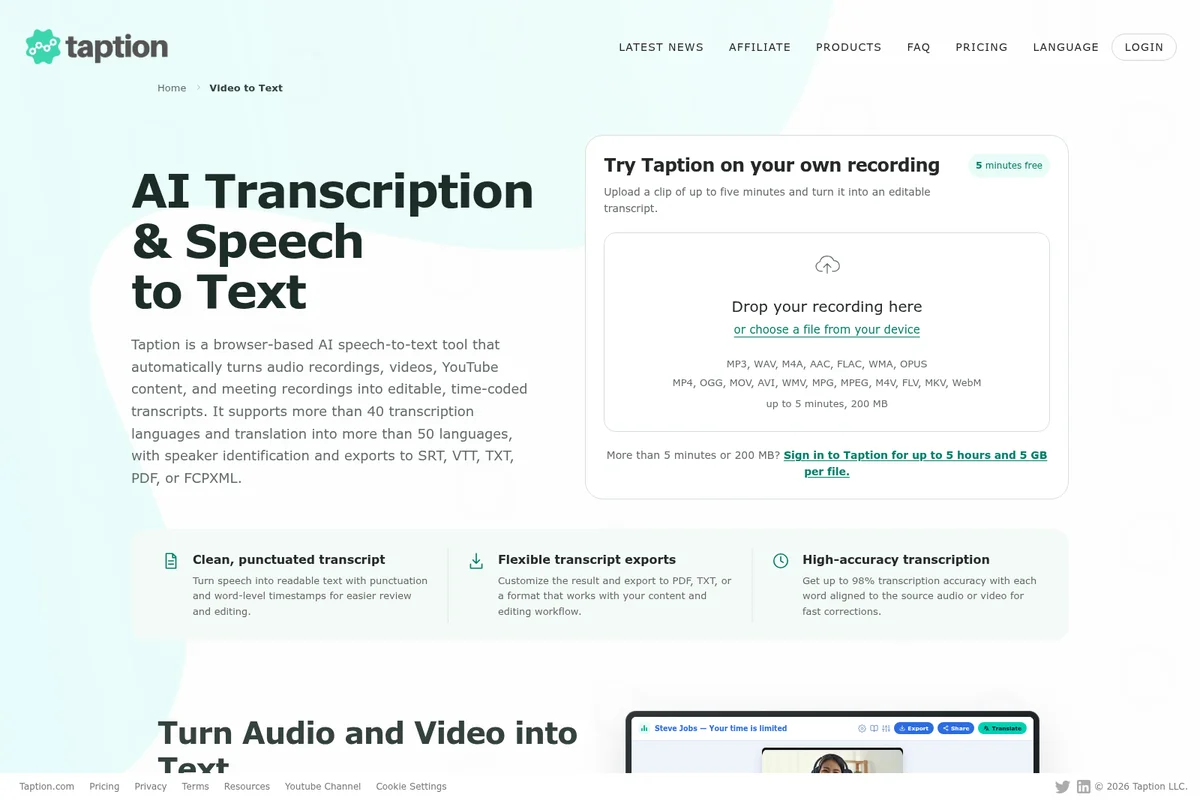 Taption feature page showing AI transcription and speech-to-text capabilities with a clean light interface.