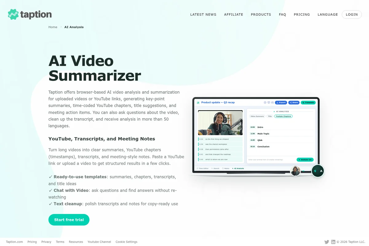 Taption AI Analysis page showcasing an AI Video Summarizer tool with time-coded YouTube chapters and a clean, modern web interface.