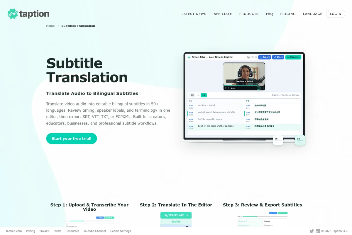 Taption workspace showing bilingual subtitle translation with video preview and text editor