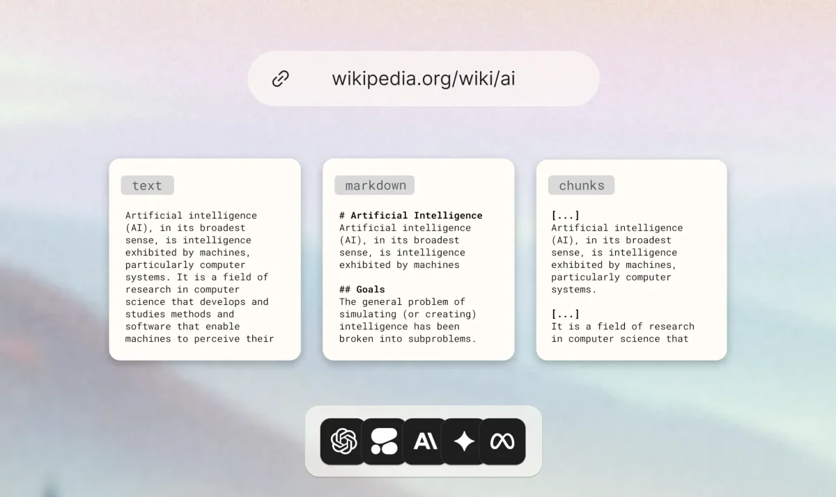 Tavily workspace demonstrating a Wikipedia article on AI processed into text, markdown, and chunked formats within a modern, light-themed interface.