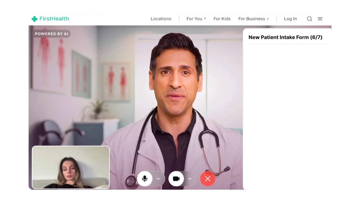Tavus AI video integration demonstrating an AI-powered virtual doctor's consultation on the FirstHealth platform with a clean, modern interface.