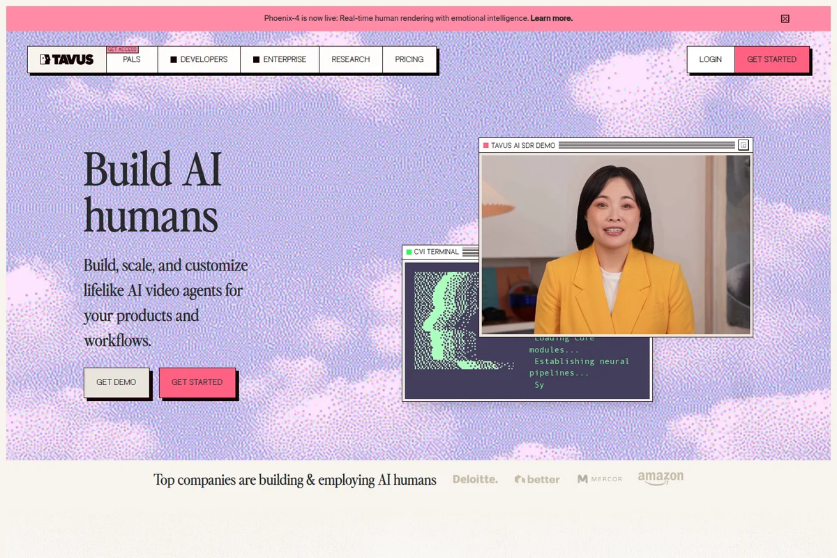 Tavus AI video agents demo showing a lifelike AI human agent speaking within a retro-futuristic interface.